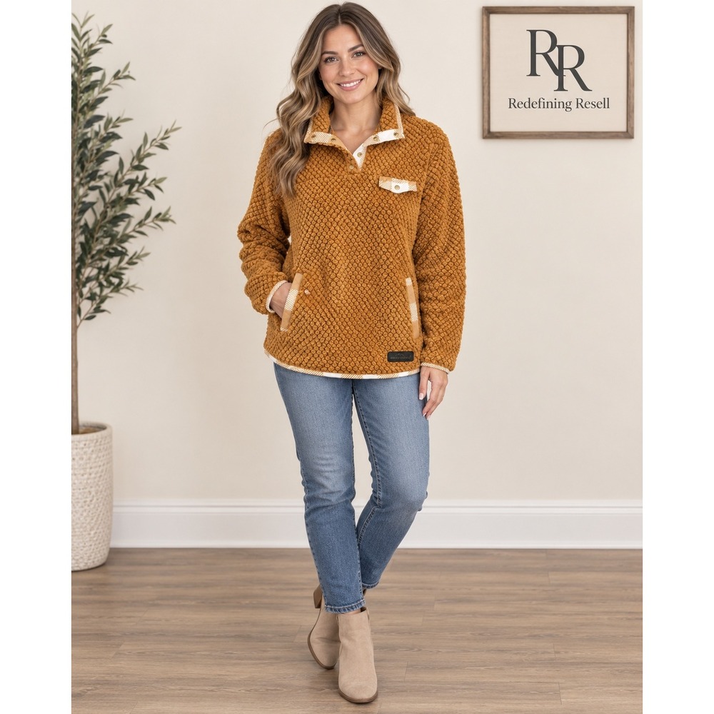 Simply Southern Mustard Yellow Popcorn Sherpa Fleece Snap Pullover Large